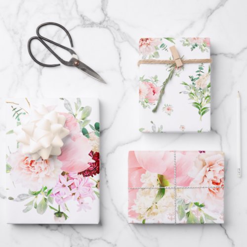 French Blush Pink and White Watercolor Floral Wrapping Paper Sheets