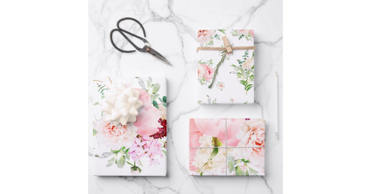 French Blush Pink and White Watercolor Floral Wrapping Paper Sheets ...