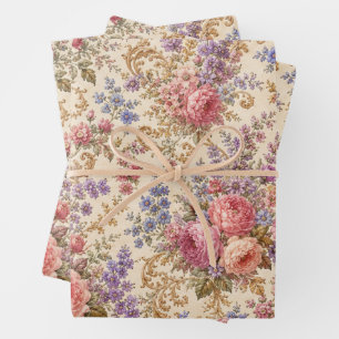 French Bohemian Rococo Rose Wildflower Meadow Wrapping Paper Sheets