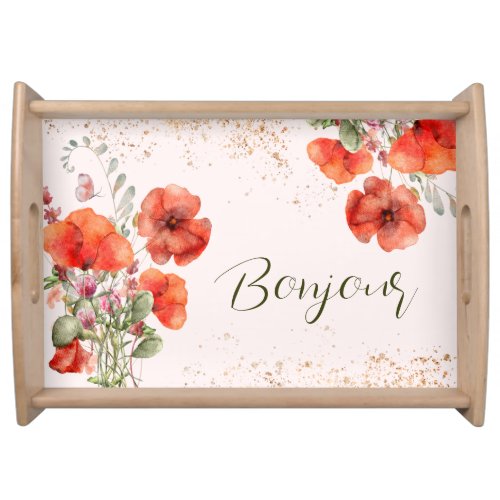 French Bonjour Hello Red Poppy Flowers Country Serving Tray