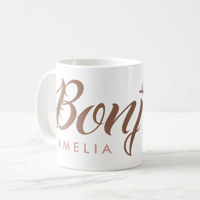 French Bonjour Rose Gold Personalized Script Coffee Mug (Front Left)