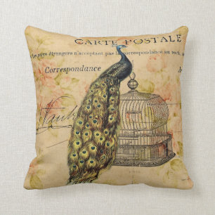 french botanical art nouveau vintage peacock throw pillow
