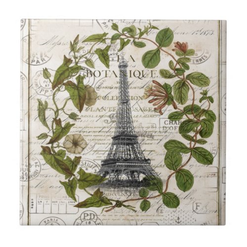 french botanical ivy leaves  paris eiffel tower ceramic tile