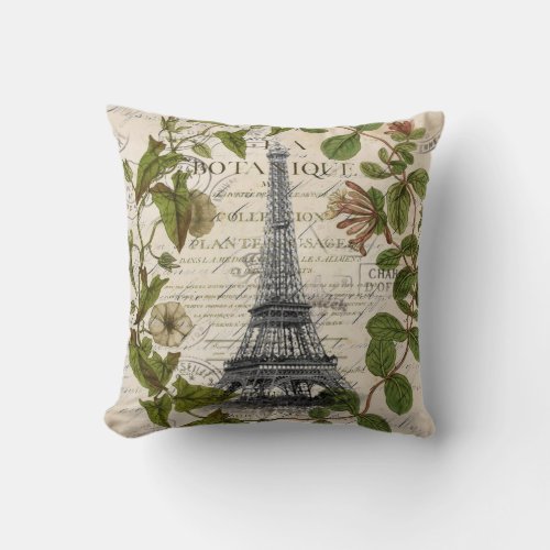 french botanical ivy leaves  paris eiffel tower throw pillow