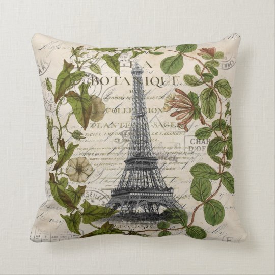 French Botanical Ivy Leaves Paris Eiffel Tower Throw Pillow