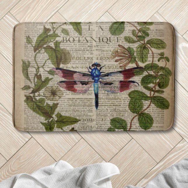 french botanical leaves modern vintage dragonfly bath mat (french botanical leaves modern vintage dragonfly bath mat)