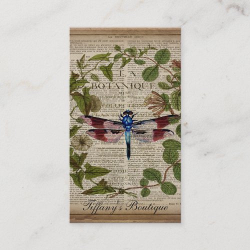 french botanical leaves modern vintage dragonfly business card