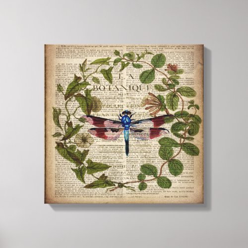 french botanical leaves modern vintage dragonfly canvas print