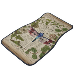 french botanical leaves modern vintage dragonfly car floor mat