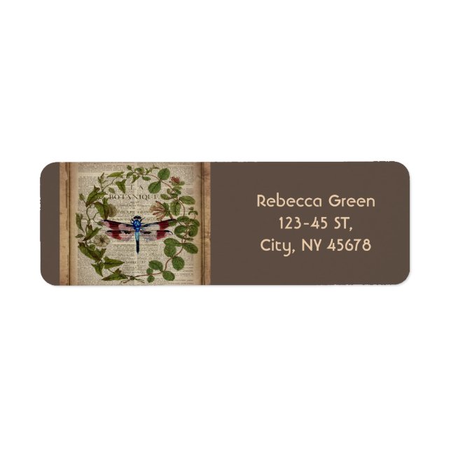 french botanical leaves modern vintage dragonfly label (Front)