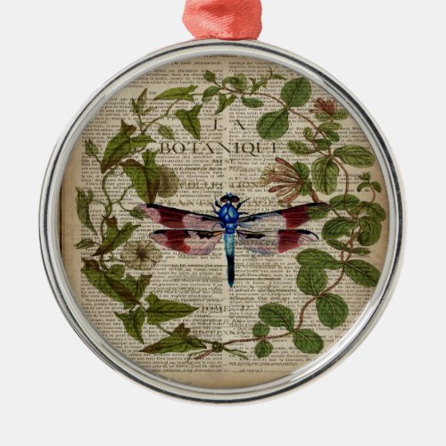 french botanical leaves modern vintage dragonfly metal ornament