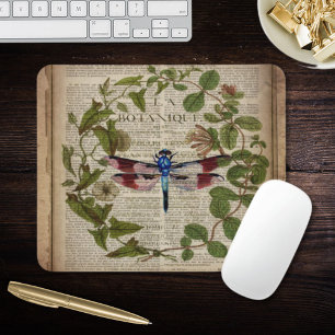 french botanical leaves modern vintage dragonfly mouse pad