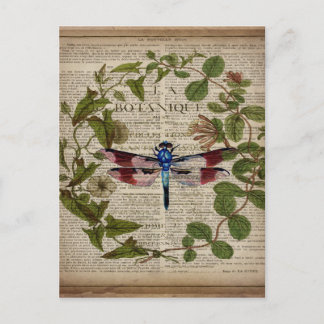 french botanical leaves modern vintage dragonfly postcard