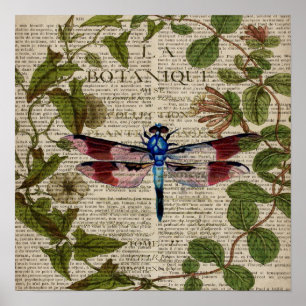 french botanical leaves modern vintage dragonfly poster
