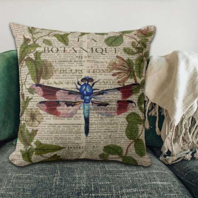 french botanical leaves modern vintage dragonfly throw pillow (french botanical leaves modern vintage dragonfly throw pillow)