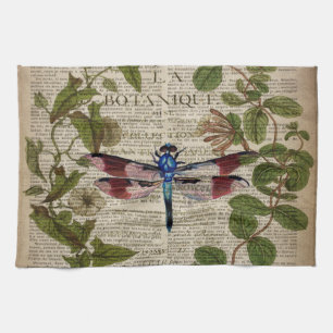 french botanical leaves modern vintage dragonfly towel