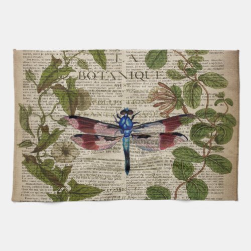 french botanical leaves modern vintage dragonfly towel