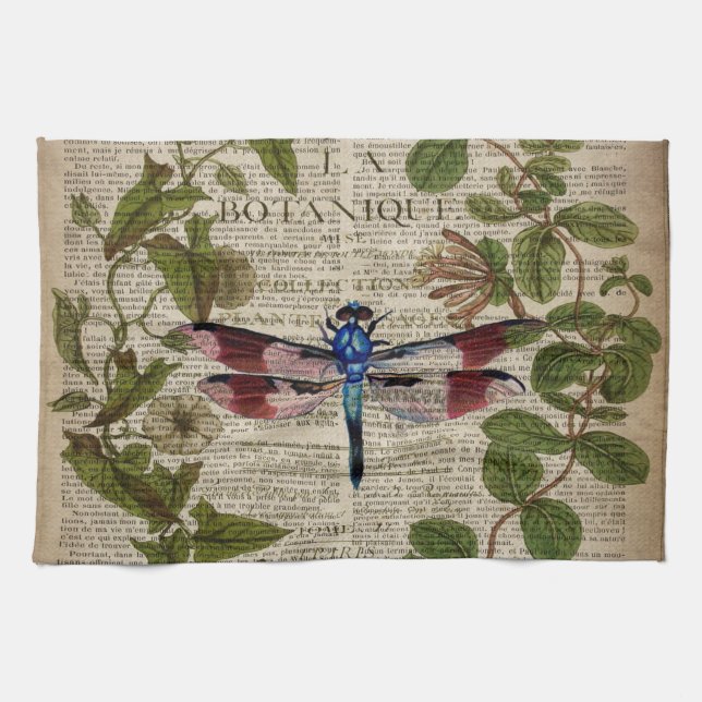 french botanical leaves modern vintage dragonfly towel (Horizontal)