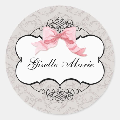French Bow Damask Swirl Girl Baby Shower Seal