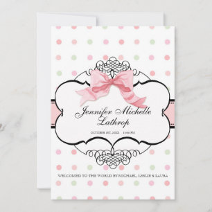 French Bow Swirl Damask Girl Birth Announcement