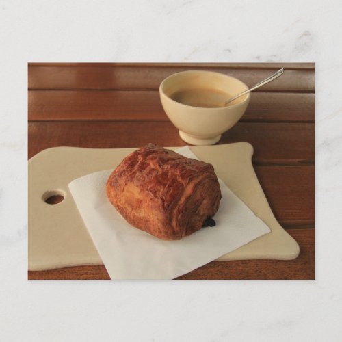 French breakfast coffee with a pain au chocolat postcard