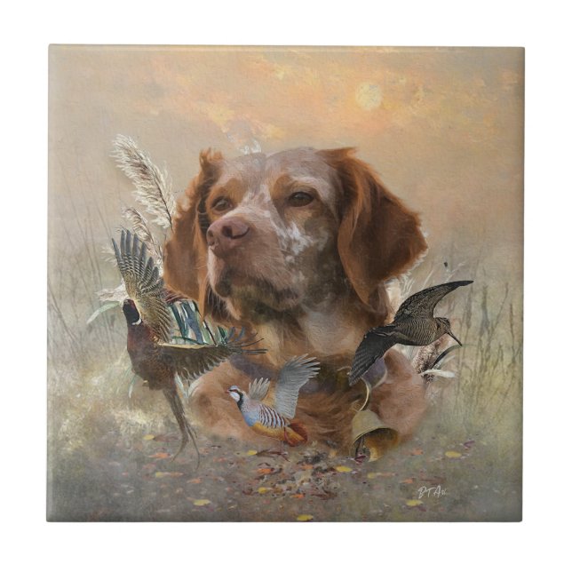 French Brittany, Bird Hunting Art  Ceramic Tile (Front)
