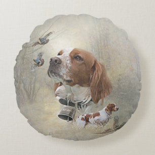 French Brittany, Bird Hunting Art  Round Pillow