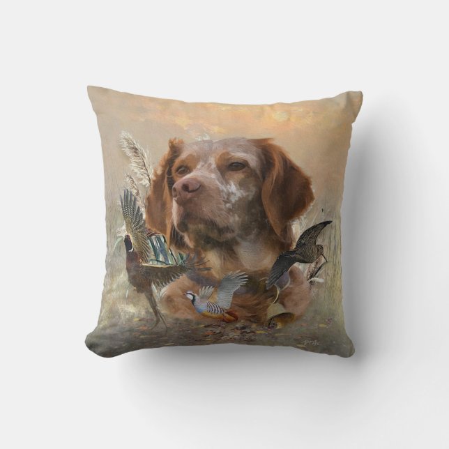 French Brittany, Bird Hunting Art  Throw Pillow (Front)