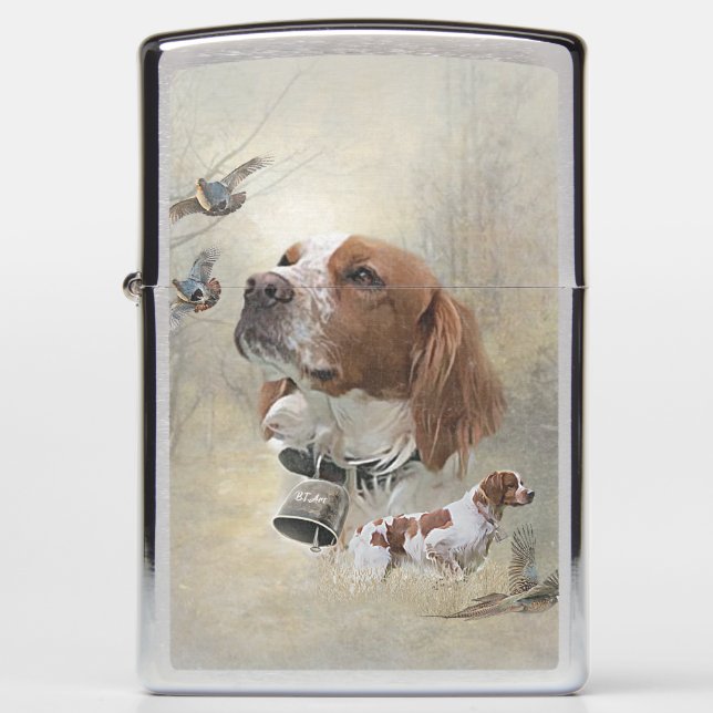 French Brittany, Bird Hunting Art  Zippo Lighter (Front)