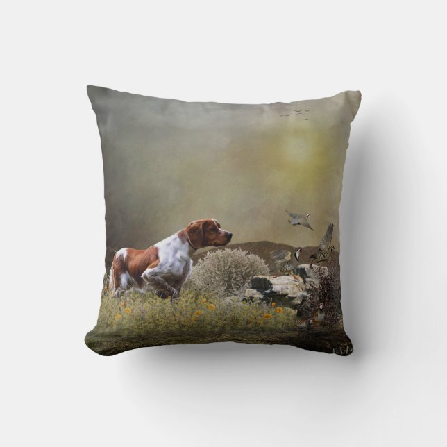 French Brittany hunting partridges , Art  Throw Pillow (Front)