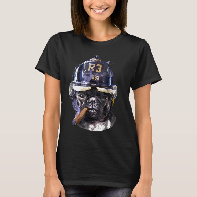 French Bull Dog In Firefighter Helmet Cigar T-Shirt (Front)