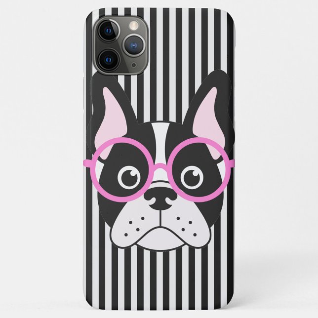 French Bull Dog iPhone / iPad case (A phone case with a cartoon dog wearing glasses, the dog is black and white with pink ears.)