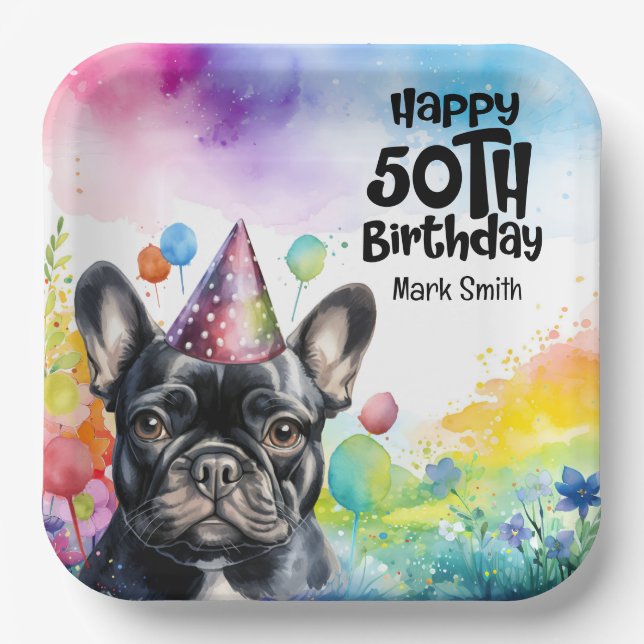 French Bulldog 50th Birthday Party Paper Plates (Front)