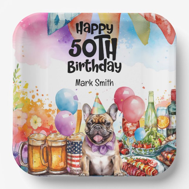 French Bulldog 50th Birthday Party Paper Plates (Front)