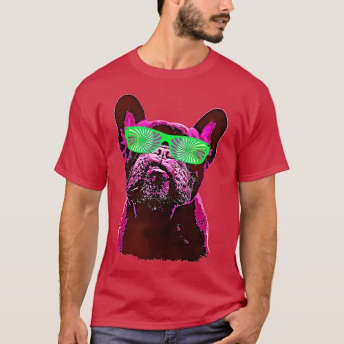 French bulldog 80s style neon with green psychelic T_Shirt