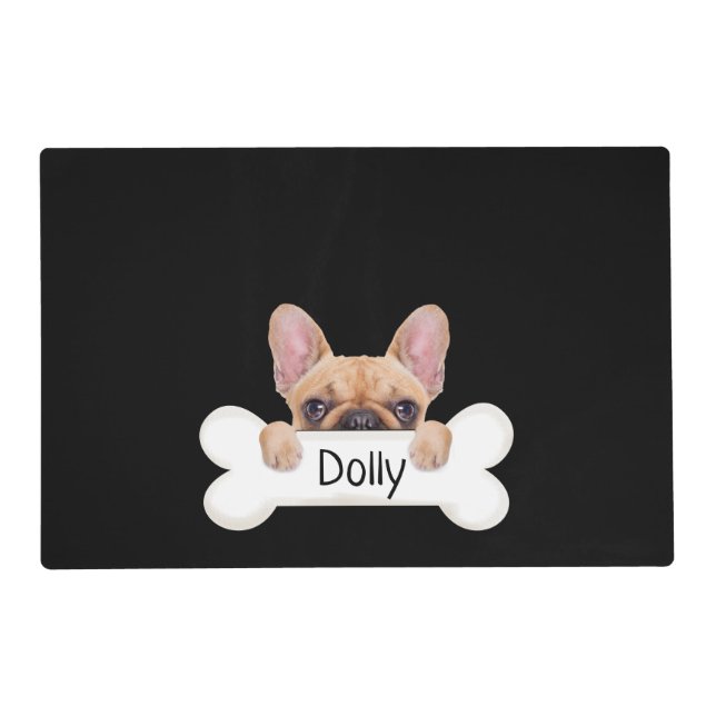 French bulldog and bone on black placemat (Front)