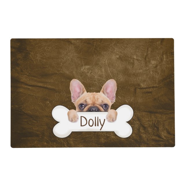 French bulldog and bone on leather placemat (Front)