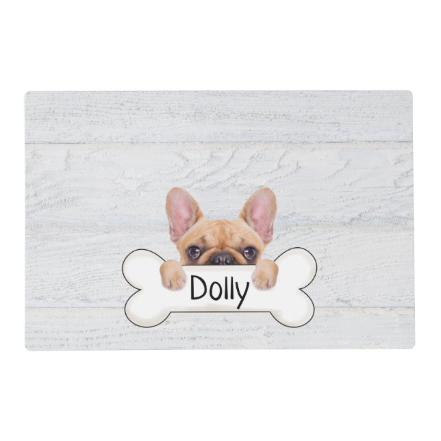 French bulldog and bone on wood placemat (Front)