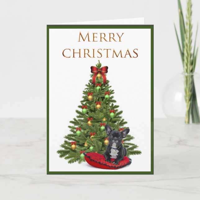 French Bulldog and Christmas Tree Holiday Card (Front)