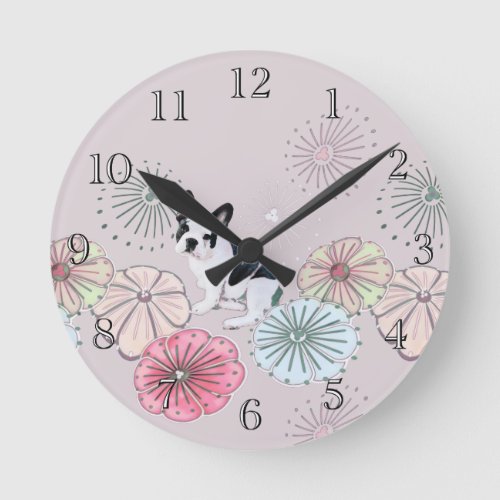 French Bulldog and Flowers Round Clock