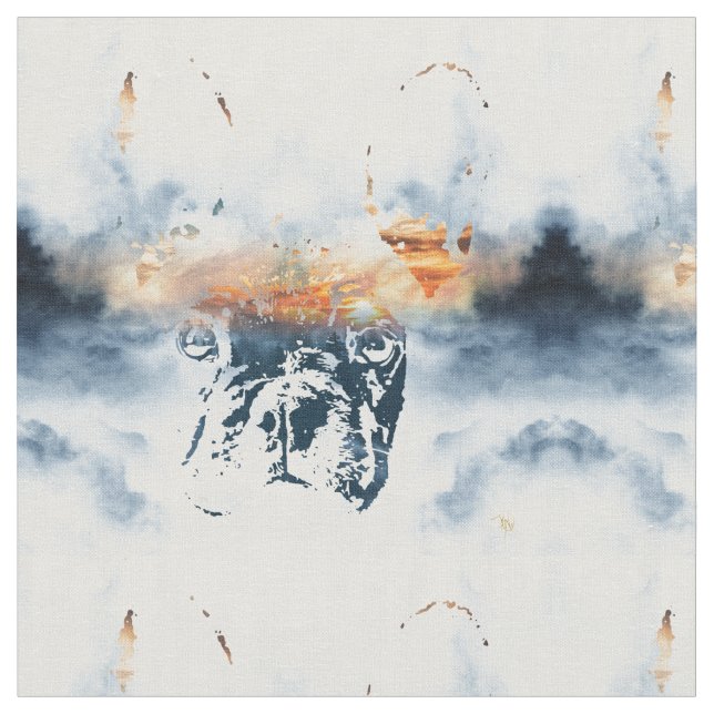 French bulldog and landscape blend abstract design fabric (Close Up)