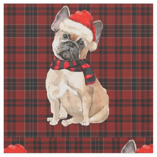 French Bulldog and Red Plaid Christmas Fabric