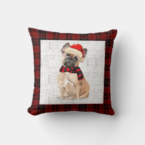 French Bulldog and Red Plaid Christmas Throw Pillo Throw Pillow