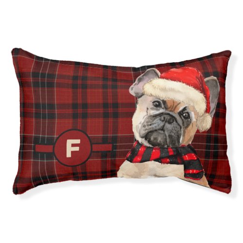 French Bulldog and Red Plaid with Dogs Monogram Pet Bed