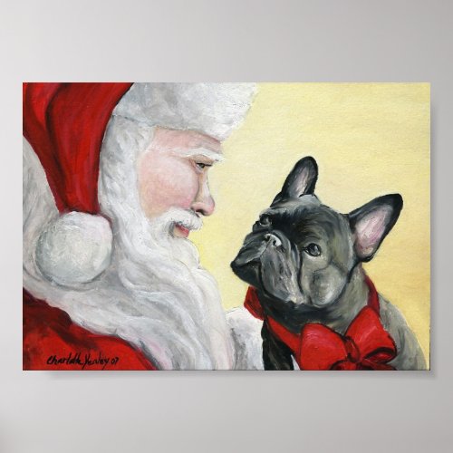 French Bulldog and Santa Claus Art Print Poster