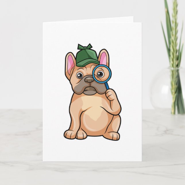 French bulldog as Detective with Magnifying glass Card (Front)