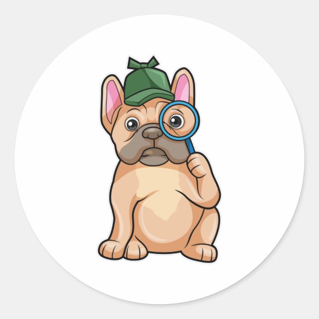 French bulldog as Detective with Magnifying glass Classic Round Sticker (Front)