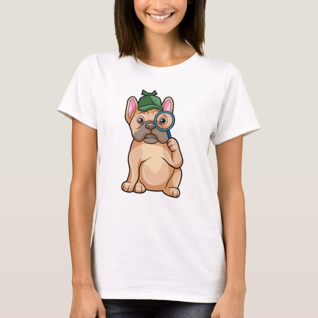 French bulldog as Detective with Magnifying glass T-Shirt (Front)