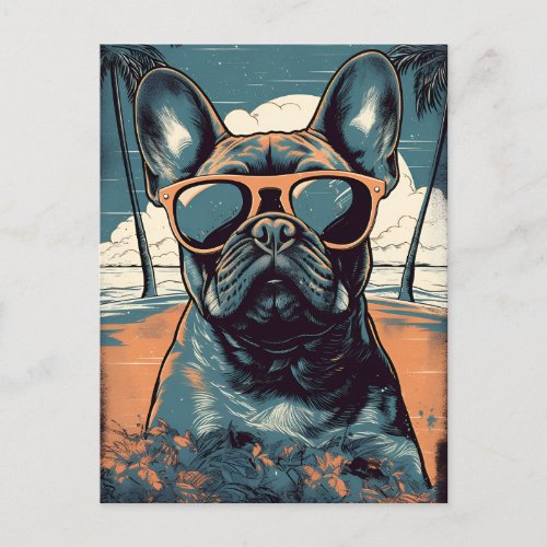 French Bulldog at a tropical beach during sunset Postcard