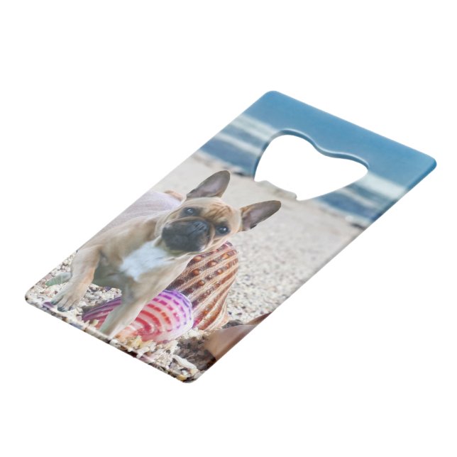 French Bulldog at the beach Credit Card Bottle Opener (Back Angled)